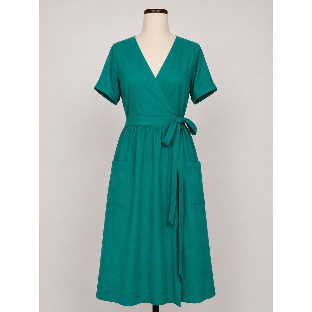 GAP Womens Linen Blend Short Sleeve Wrap Midi Dress Egyptian Turquoise 6 Pockets